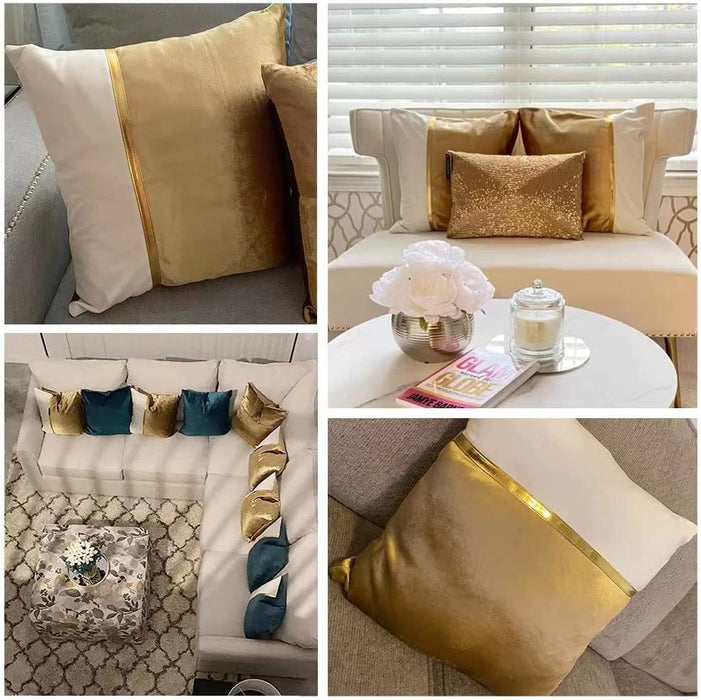 4 Packs Gold Decorative Throw Pillow Covers 18X18 Inch for Living Room Couch Bed Sofa, Gold and White Velvet Patchwork with Gold Leather, Luxury Home Decor Square Cushion Case 45X45 Cm