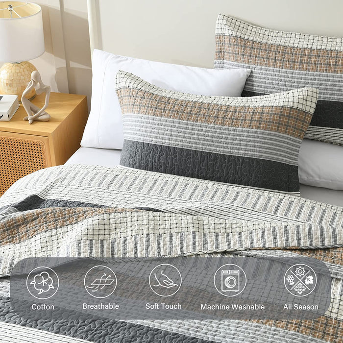 Quilt Queen Size, Queen Quilt Set, Cotton Quilt, Grey Striped Queen Quilt Bedding Set Bedspreads, Reversible Lightweight Quilt Bedspread Set for All Season, 3-Piece