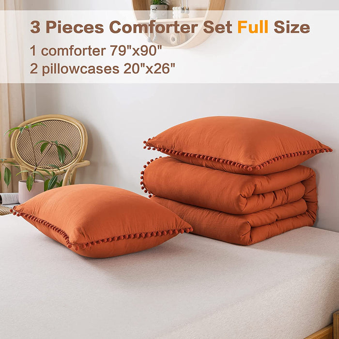 Terracotta Pom Comforter Full(79X90 Inch), 3 Pieces (1 Comforter, 2 Pillowcases) Luxurious Ball Pom Fringe Design Comforter Set, Soft Microfiber down Alternative Bedding Set
