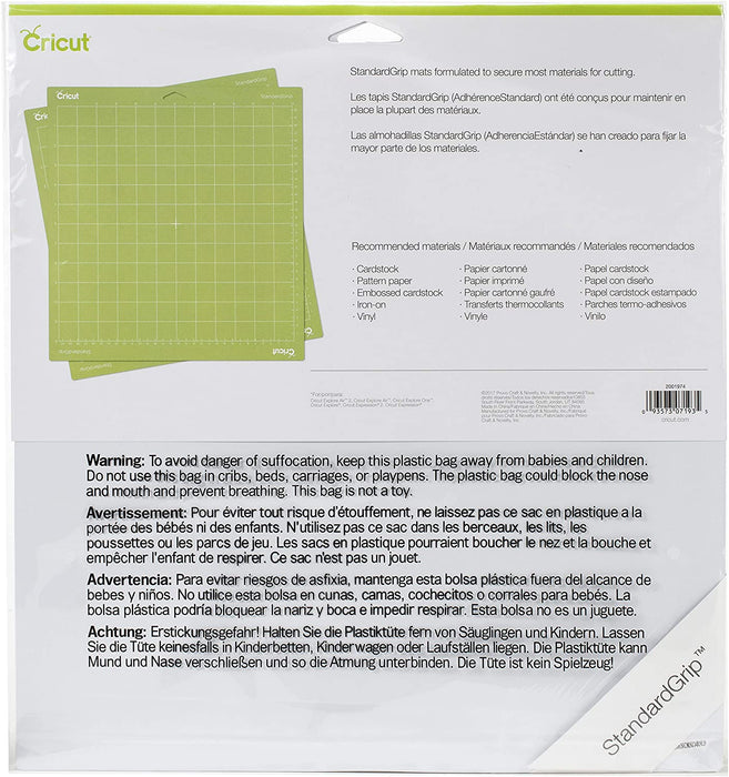 Cricut Standardgrip Machine Mats 12In X 12In, Reusable Cutting Mats for Crafts with Protective Film, Use with Cardstock, Iron On, Vinyl and More, Compatible with Cricut Explore & Maker (2 Count)