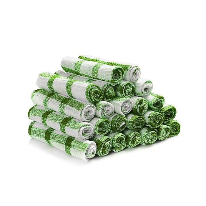 Set of 24 Kitchen Towels Dish Cloths Soft Green Checkered Pattern 100% Cotton 12X12"