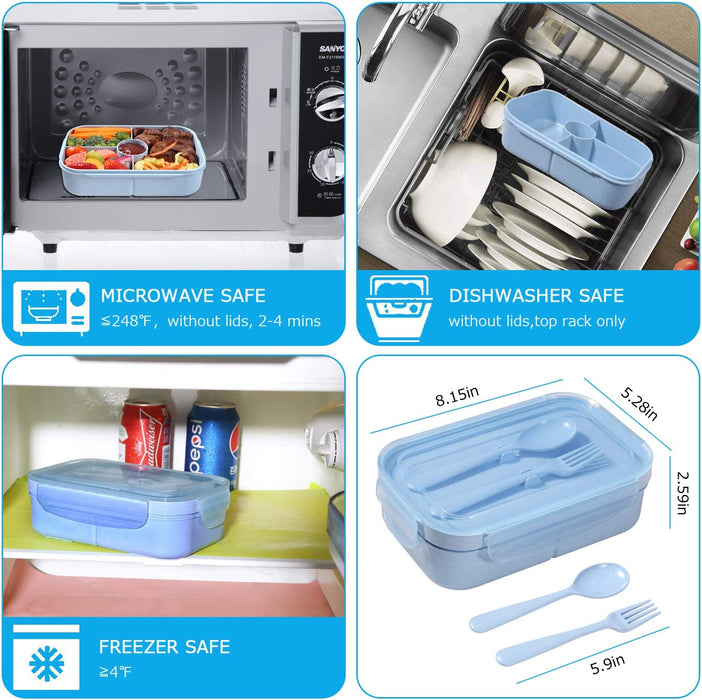 Bento Box for Kids Lunch Containers with 4 Compartments Kids Bento Lunch Box Microwave/Freezer/Dishwasher Safe (Flatware Included,Light Blue)