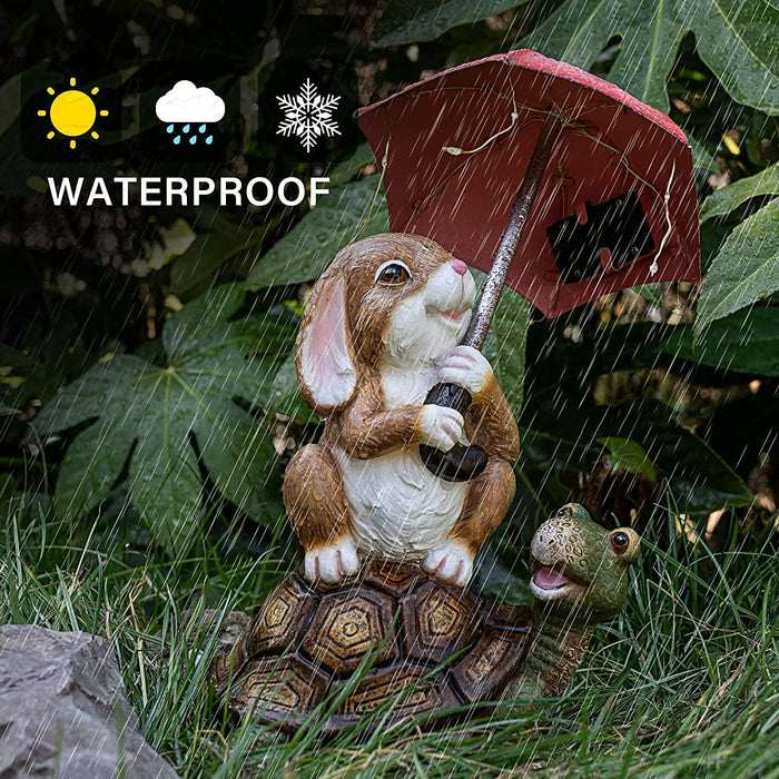 Solar Garden Statue Outdoor Decor, Rabbit Siting on Turtle Holding an Umbrella with String Lights, Easter Bunny Statue for Patio, Lawn, Yard Art Decoration, Housewarming Garden Gift
