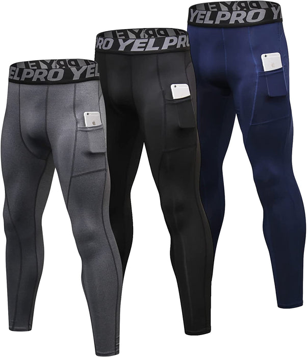 3 Pack Men'S Compression Pants Cool Dry Athletic Tights Sport Leggings with Pocket Baselayer for Running Football Yoga