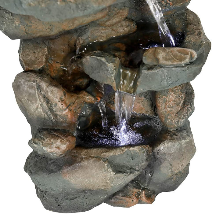 Rockery Tabletop Fountain - 16 H”5-Tier Resin Crafted Stacked Rockery Waterfall Fountain with Light&Cascading Water Stream for Indoor Outdoor, Relaxation Water Feature with Submersible Pump