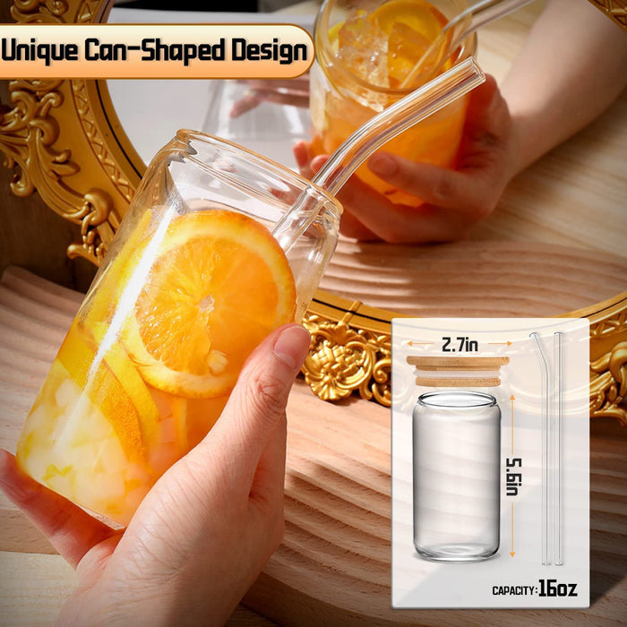 Glass Cups with Lids and Straws 4Pcs Set 16Oz Iced Coffee Cups,Glass Coffee Cups with Lids and Straw,Beer Can Glass with Lids and Straw