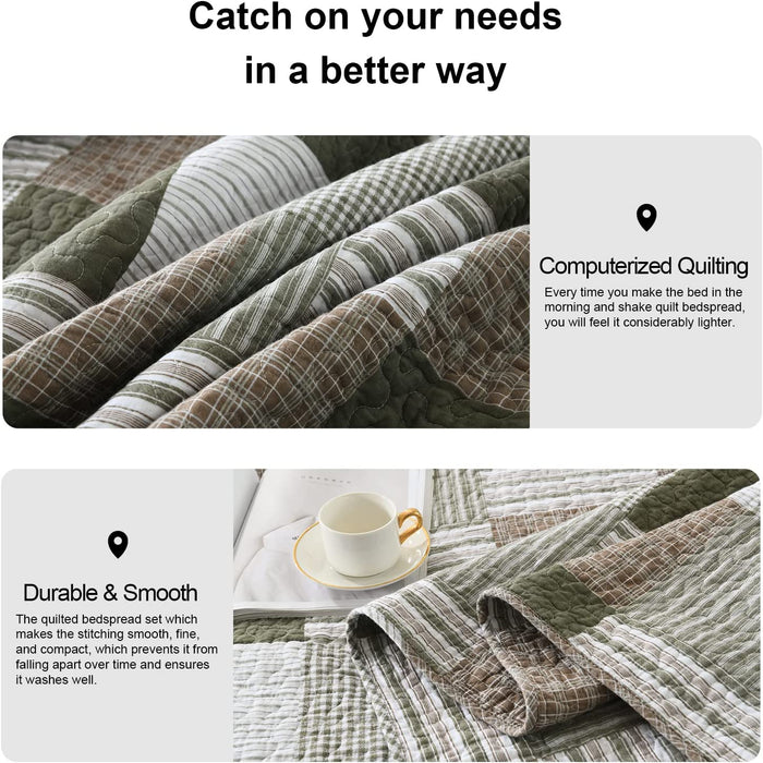 100% Cotton Quilt Set Queen Size, Patchwork Plaid Queen Quilt Bedding Set Bedspreads, Farmhouse Lightweight Comforter Reversible Quilt, Green/Moonbeam Bed Spread for Queen Bed, 3 Pieces
