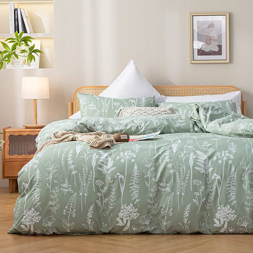 Queen Comforter Set Sage Green Comforter,3 PCS Bedding Sets Floral Comforter Set Plant Flowers Printed on Fluffy Comforter Set for All Season