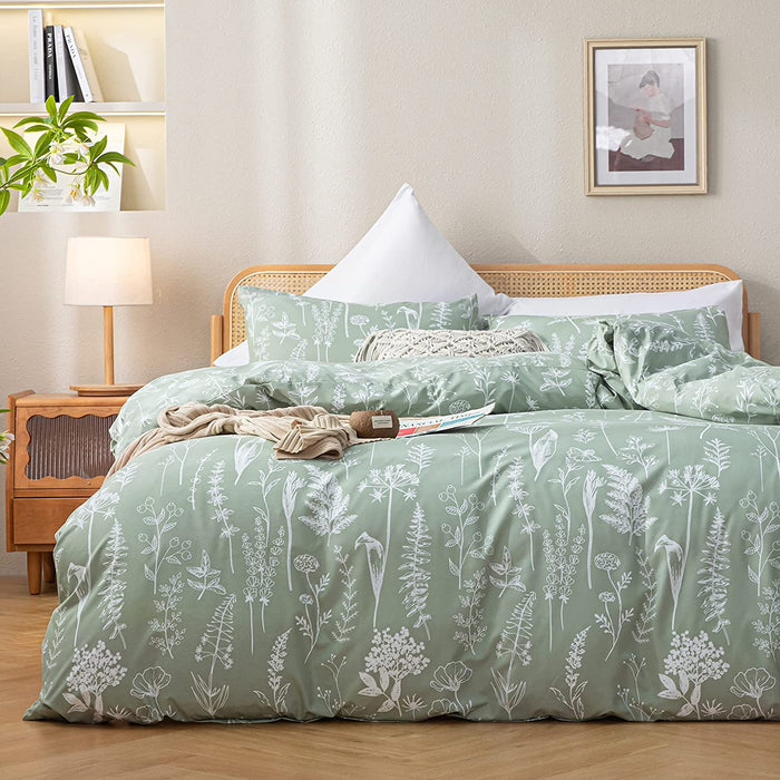 Queen Comforter Set Sage Green Comforter,3 PCS Bedding Sets Floral Comforter Set Plant Flowers Printed on Fluffy Comforter Set for All Season