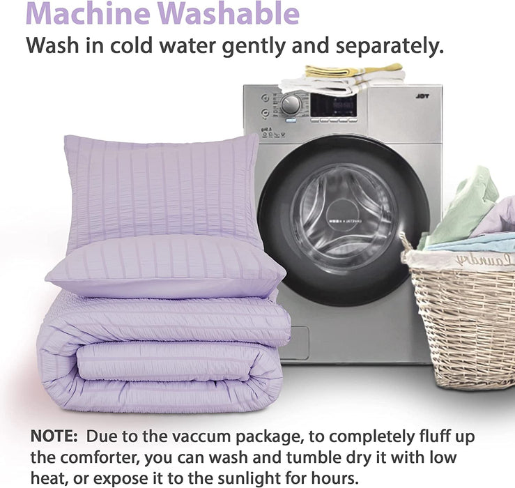 Lavender Purple Seersucker Queen Comforter Set(90X90 Inches),3 Pieces-100% Soft Washed Microfiber Lightweight Comforter with 2 Pillowcases, All Season down Alternative Comforter Set for Bedding