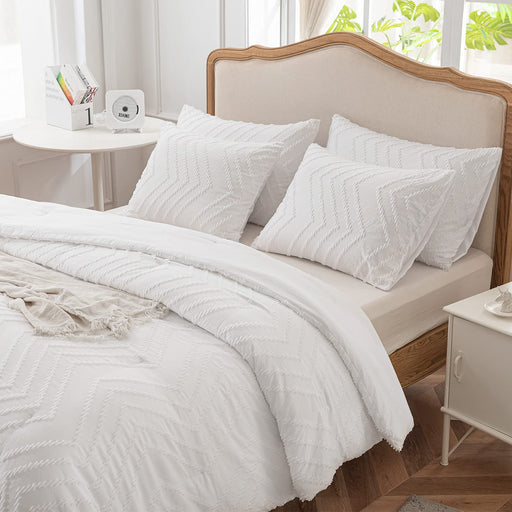 Queen Size Comforter Set, White Bedding Set Tufted Design,Boho Comforter for Queen Bed,Lightweight and Fluffy Bed Comforter for All Seasons