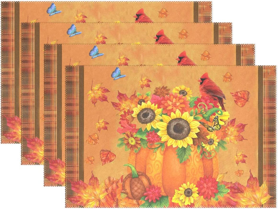 Pfrewn Fall Pumpkin Sunflower Butterfly Placemat Set of 4 Table Mat Autumn Maple Leaf Place Mat Placemat 12" X 18" Dining Home Kitchen Table Decoration