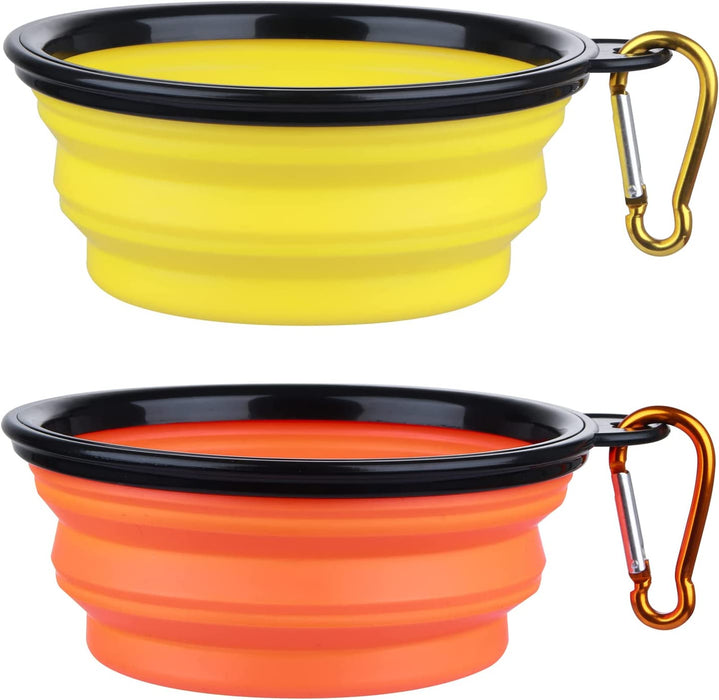 Collapsible Dog Bowl, 2 Pack Collapsible Dog Water Bowls for Cats Dogs, Portable Pet Feeding Watering Dish for Walking Parking Traveling with 2 Carabiners (Small, Orange+Pink)