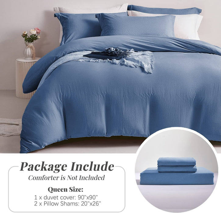 Super Soft Duvet Cover - 100% Washed Microfiber Light Denim Comforter Cover Set 3 Pieces Queen Size Bedding Set with Zipper Closure & Corner Ties