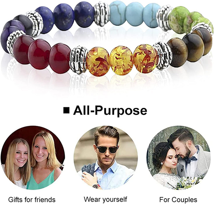 Men Women 8Mm Lava Rock 7 Chakras Aromatherapy Essential Oil Diffuser Bracelet, Natural Stone Yoga Beads,Evil Eye Hand Bracelet,Reiki Prayer Healing