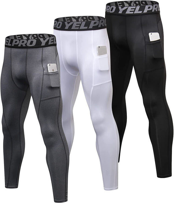 3 Pack Men'S Compression Pants Cool Dry Athletic Tights Sport Leggings with Pocket Baselayer for Running Football Yoga