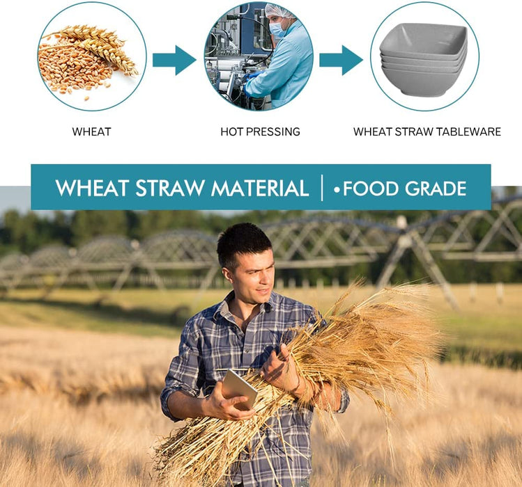 24-Piece Wheat Straw Square Dinnerware Set for 6, Unbreakable Dinner Plates, Salad Plates, Snack Bowls, Tumblers 20 Oz, Dishwasher Safe (Service for 6 (24 Pieces), Grey)