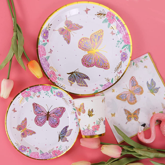 Butterfly Birthday Party Supplies, Butterfly Party Plates, Cups, Napkins and Cutlery, Butterfly Party Decorations for Baby Shower, Birthday, Butterfly Fairy Themed Parties Serves 24