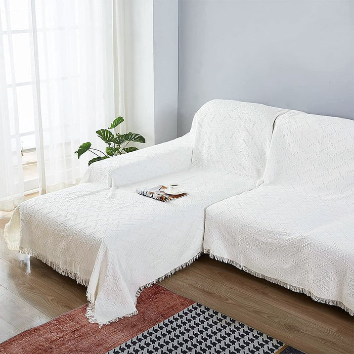 Cotton Geometrical Sofa Cover, Sectional Couch Covers for 2 Cushion Couch Couch Cover Living Room Throws Blankets Sofa Slipcovers, Furniture Protector for Pets (Medium, 71" X 91", White)