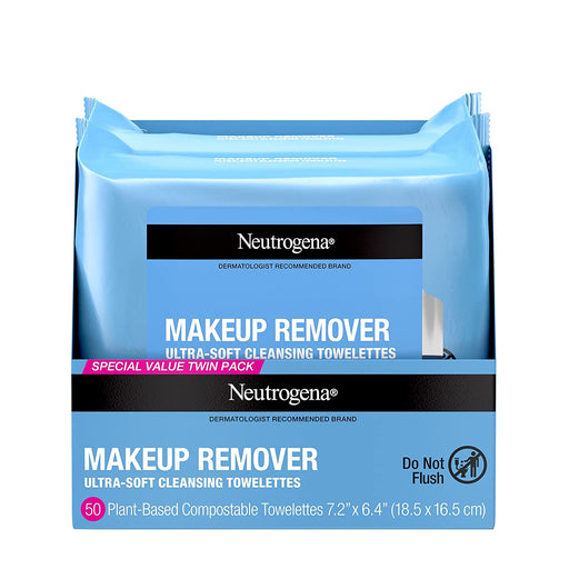 Neutrogena Makeup Remover Cleansing Face Wipes, Daily Cleansing Facial Towelettes to Remove Waterproof Makeup and Mascara, Alcohol-Free, Value Twin Pack, 25 Count, 2 Pack