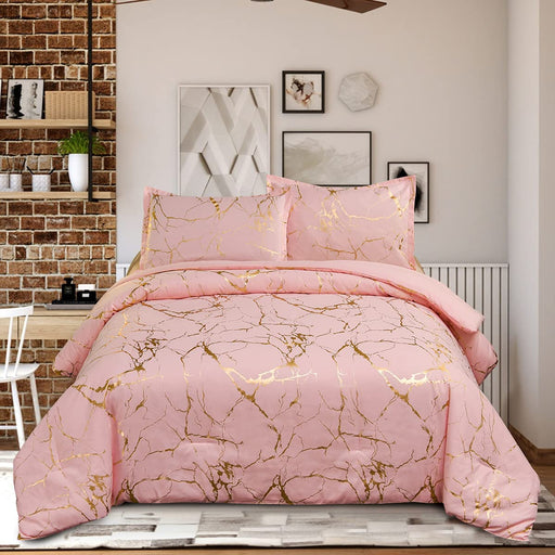 Gold Metallic Marble Comforter Set Queen Size Foil Print Glittering Bedding Sets, Blush/Gold, Queen