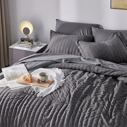 Queen Seersucker Comforter Set with Sheets Dark Grey Bed in a Bag 7-Pieces All Season Bedding Sets with Comforter, Pillow Sham, Flat Sheet, Fitted Sheet, Pillowcase