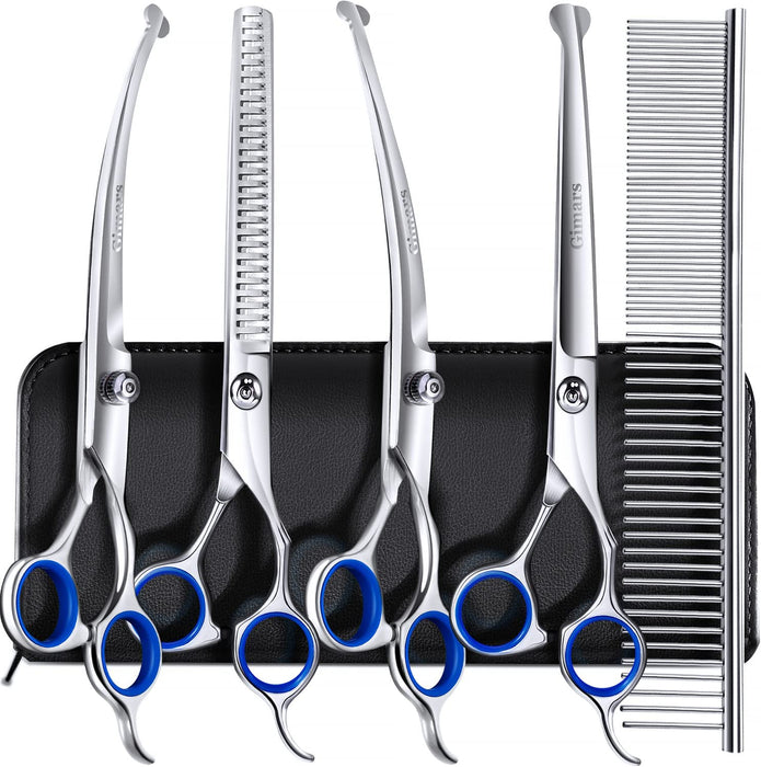 Professional 4CR Stainless Steel Safety round Tip 6 in 1 Dog Scissors for Grooming, Heavy Duty Titanium Coated Pet Grooming Scissor for Dogs, Cats and Other Animals