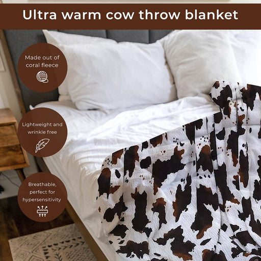 Homesmart Brown Cow Print Throw Blanket Warm and Cozy Coral Fleece Animal Print