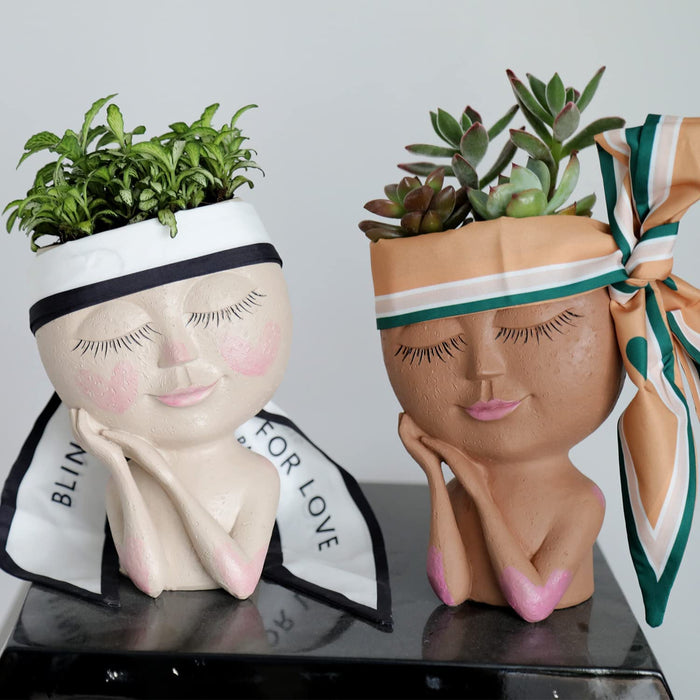 Smiley Face Flower Pot Head Planter for Indoor Outdoor Planter Resin Head Planter Pot with Drainage Hole Two Hand Hold Cute Face Succulent Pots with Closed Eyes for Garden Planter (Dark)