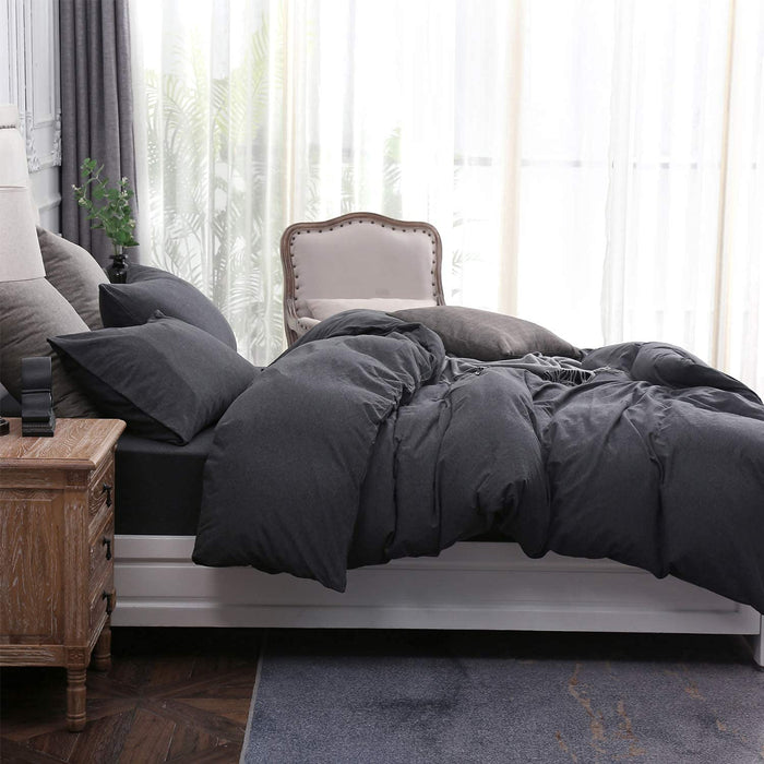 Jersey Knit Duvet Cover Set 100% T-Shirt Cotton Super Soft Comfy 3Pc Bedding Set with Zipper Closure (Heather Charcoal Grey, King)