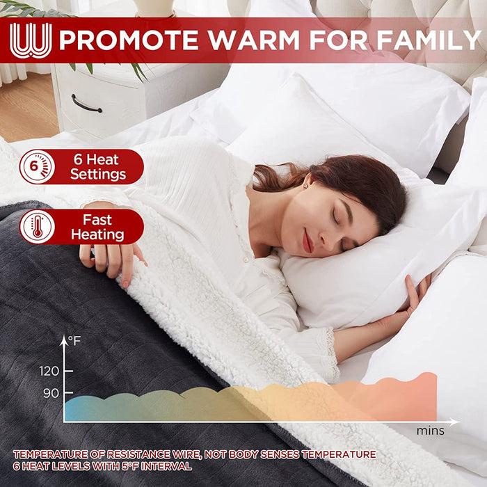 Warmrest Electric Throw Blanket Heated Blanket with 6 Heating Levels and 4 Hours Auto Shut Off, Flannel to Sherpa Super Cozy Heating Blanket, Machine Washable, 50" X 60", Charcoal