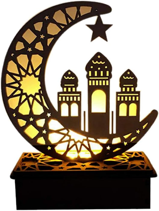 Eid Crafts Night Light Ramadan Mubarak Lamp Decorations Wooden Moon Star LED Lights Home Party Bedroom Ornaments Gift for Muslims Islamic Table Decor (C1)