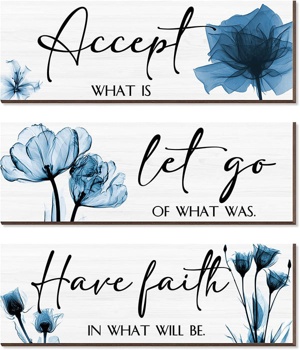 3 Pcs Rustic Flower Wall Art Accept Let Go Have Faith Bedroom Wall Decor Wooden Inspirational Quotes Decorations for Living Room Bathroom Wood Hanging Farmhouse Bedroom Art, 12 X 4 Inches (Blue)