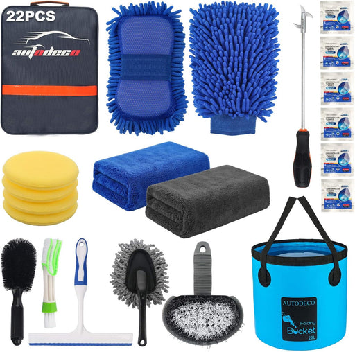 22Pcs Car Wash Cleaning Tools Kit Car Detailing Set with Blue Canvas Bag Collapsible Bucket Wash Mitt Sponge Towels Tire Brush Window Scraper Duster Complete Interior Car Care Kit