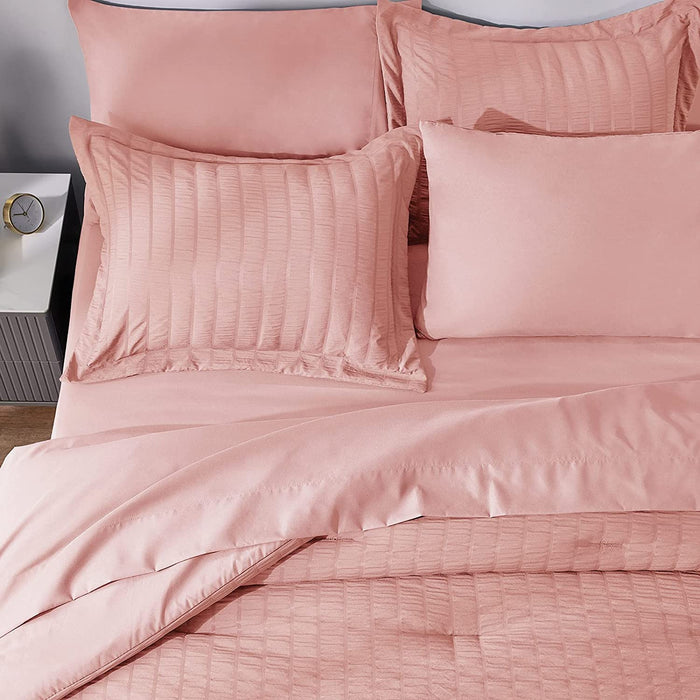 Full/Queen Seersucker Comforter Set with Sheets Pink Bed in a Bag 7-Pieces All Season Bedding Sets with Comforter, Pillow Sham, Flat Sheet, Fitted Sheet, Pillowcase