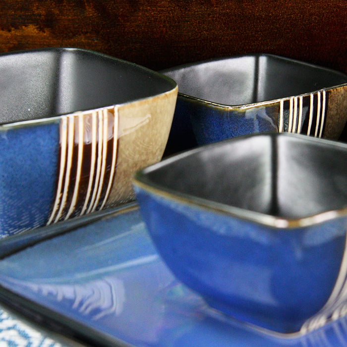 Square Stoneware Loft Collection Dinnerware Dish Set, 16 Piece, Blue and Tan with White Accents