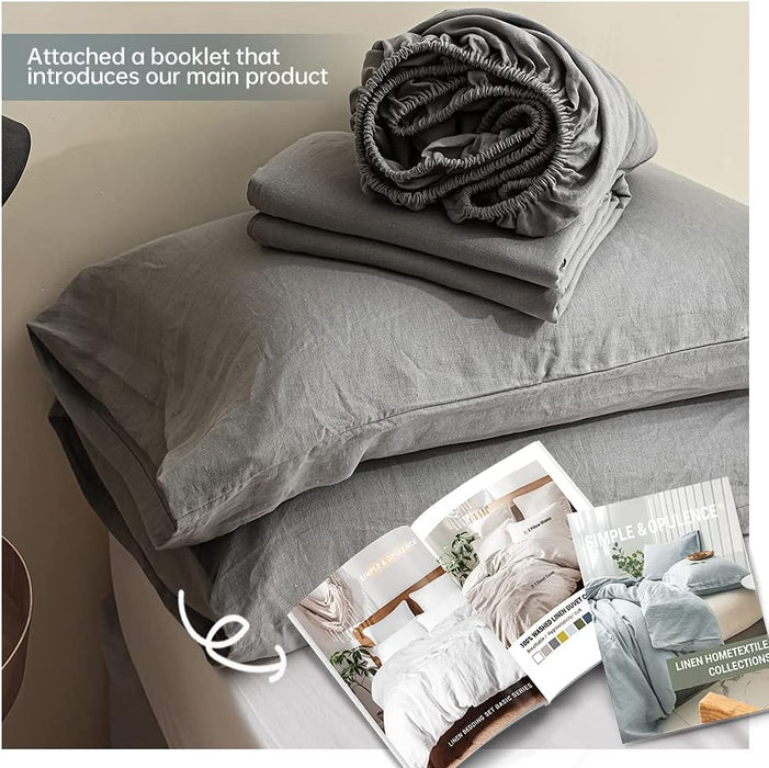 Simple&Opulence 100% Linen Sheet Set Solid Color-4 Pcs Washed French Linen Bed Sheets(1 Flat Sheet,1 Fitted Sheet,2 Pillowcases)-Breathable Bedding Set (Grey, Queen)