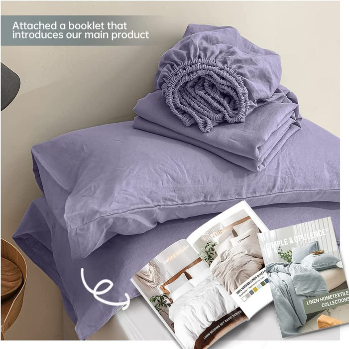Simple&Opulence 100% Linen Sheet Set Solid Color-4 Pcs Washed French Linen Bed Sheets(1 Flat Sheet,1 Fitted Sheet,2 Pillowcases)-Breathable Bedding Set (Queen, Lilac)