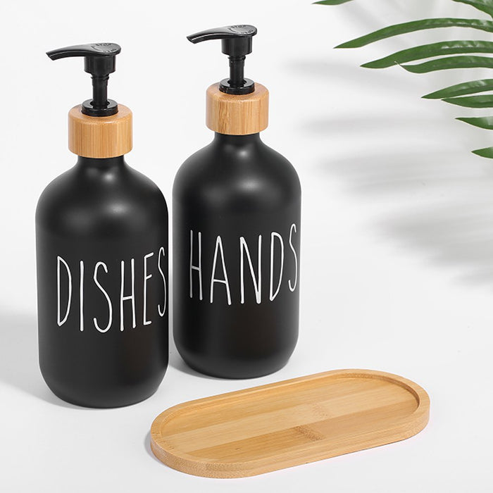 Dish Soap Dispenser and Hand Soap Dispenser with Bamboo Pump and Tray 16 Oz Matte Black Soap Dispenser Set for Kitchen