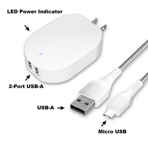 Onn. 4.8A Dual-Port Wall Charging Kit with 3FT Micro-Usb to USB Cable, White,180 Degree Folding and Fridendly Plug,Cell Phone Charger,