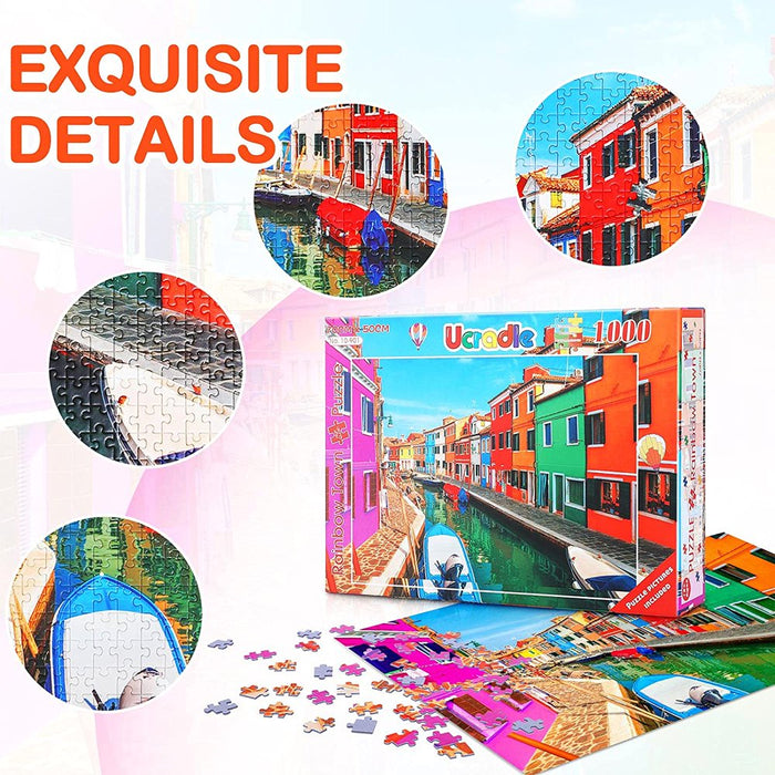 1000 Piece Puzzle for Adults, Anti-Glare Surface Vibrant Colors, Extra-Thick Blue Cardboard Jigsaw Puzzle for Adults and Kids 27.6"X 19.7" Colorful Venetian Houses
