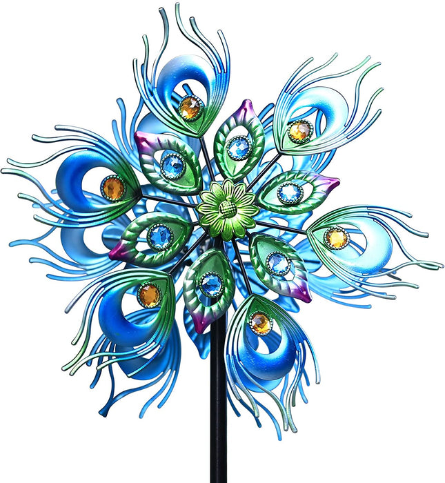 Peacock Wind Spinner, 48Inch Double Wind Sculpture, Kinetic Wind Spinners Outdoor Metal Stake Yard Spinners, Garden Wind Catcher Wind Mills, Wind Spinners for Yard and Garden