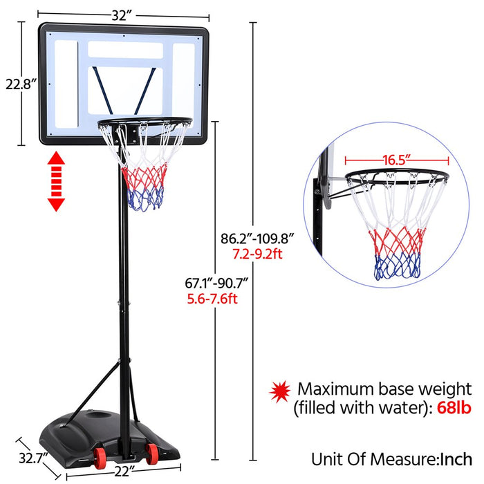 7-9.2 Ft. Height Adjustable Hoop Portable Basketball System Goal Outdoor Kids Youth with Wheels and Weighted Base