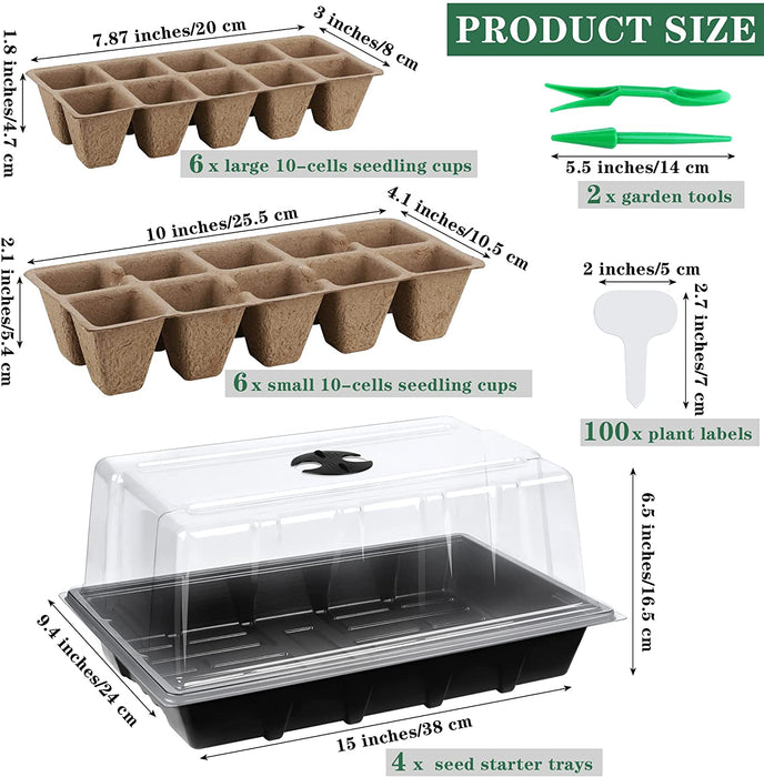 4 Pack Seed Starter Tray Kit, 15 Peat Pots for Seedlings Plastic Germination Growing Trays with Plants Labels, Planting Tools, Plant Cultivation for Seed Starting and Garden Propagation, Black