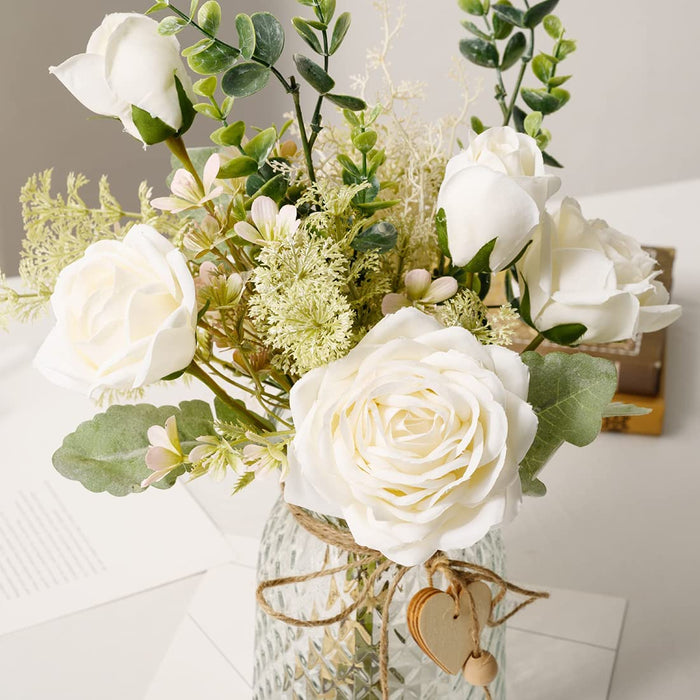 Fake Flowers with Vase, Silk Roses Artificial Flowers in Vase, Faux Flower Arrangement with Vase Suitable for Home Office Decoration, Dining Table Centerpiece(White)