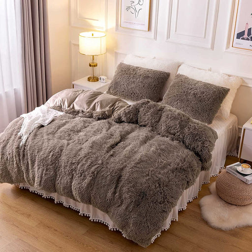 Plush Fluffy Duvet Cover Oeko-Tex Certified Luxury Ultra Soft Shaggy Crystal Velvet Bedding Set 3 Pieces(1 Duvet Cover + 2 Pillow Shams) Zipper Closure(Queen, Khaki)