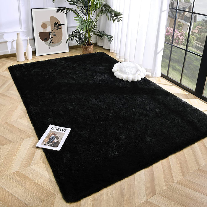 Super Soft Fluffy Shaggy Rugs 4X5.9 Feet for Living Room Bedroom, Fuzzy Plush Area Rugs for Girls Kids Room Nursery Home Decor, Furry Dorm Rug Cute Non-Slip Indoor Floor Carpet , Black