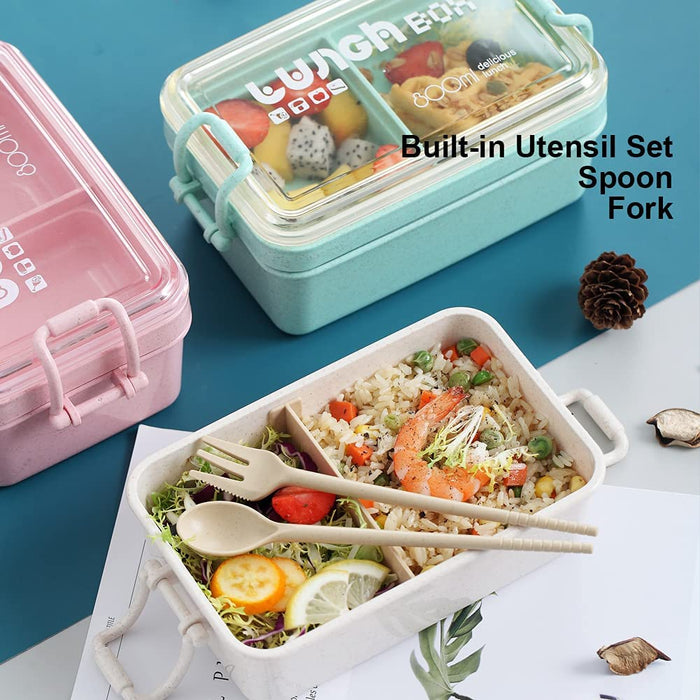 Bento Box Japanese Lunch Box Kit, Stackable 2 Layer Lunch Box, Leakproof Wheat Straw BPA Free Bento Lunch Boxes Set with Soup Cup, Spoon and Fork, Cake Cups