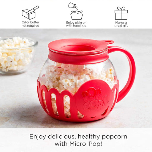 Patented Micro-Pop Microwave Popcorn Popper with Temperature Safe Glass, 3-In-1 Lid Measures Kernels and Melts Butter, Made without BPA, Dishwasher Safe, 1.5-Quart, Red