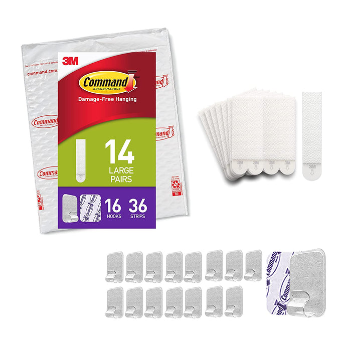 Command Large Picture Hanging Strips, Damage Free Hanging Picture Hangers, No Tools Wall Hanging Strips for Living Spaces, 14 White Adhesive Strip Pairs(28 Command Strips)